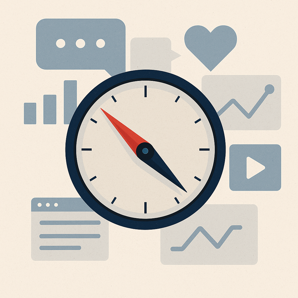 Ilustración conceptual de una brújula minimalista con paleta azul petróleo y naranja, que simboliza cómo las métricas digitales guían la estrategia de comunicación en la campaña Top Seller 2025 de ECOM.